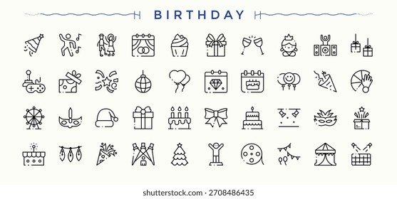 Birthday icon set. Thin icons set. Signs for web and mobile app. Happy Birthday icon set. Contain linear symbols happy, happy party, surprise, anniversary and more.