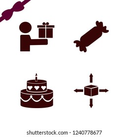 birthday icon. birthday vector icons set give gift, parcel four directions, candy and cake