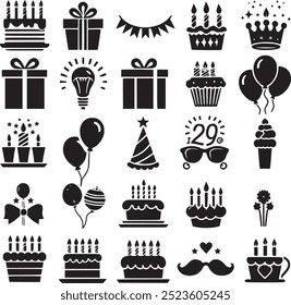 Birthday Icons, Cake icon and gift box icon set. Celebration cake card festival present congratulation lights balloons set black and white silhouette.