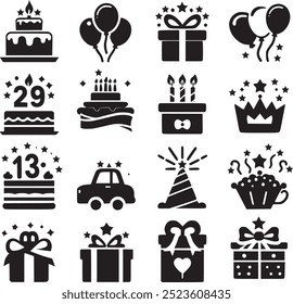 Birthday Icons, Cake icon and gift box icon set. Celebration cake card festival present congratulation lights balloons set black and white silhouette. Birthday Icons, Cake icon and gift box icon set