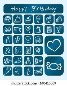 Birthday Icons, Chalk Drawing Style. Good use for your web icons, birthday party, or any design you want. Gift, cake, ice cream, cocktail, candy, lollipop, calendar, soft drink, wine, beer, etc.