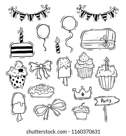 birthday icons collection with cup cake, ice cream and balloon on chalkboard background