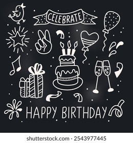 Birthday icons drawn with white line.Set of graphic elements isolated on dark grunge background.Greeting card with cake ,candles, balloons, glasses,gifts,bird,hand.Vector design for banner template.