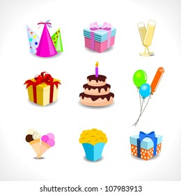 birthday icons - gifts, balloons, drinks, cake, popcorn - on white background