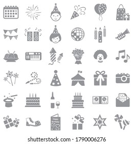 Birthday Icons. Gray Flat Design. Vector Illustration.