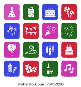 Birthday Icons. Grunge Color Flat Design. Vector Illustration. 