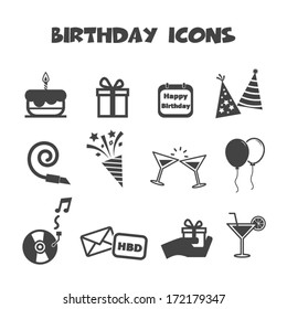 birthday icons, mono vector symbols