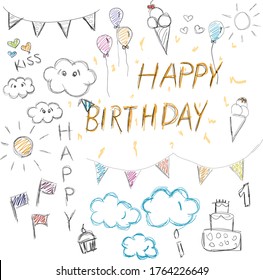 
birthday icons with pencil drawing and colored paint