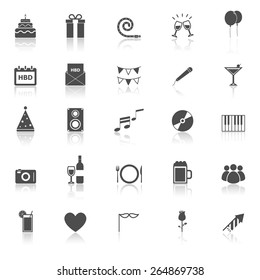 Birthday icons with reflect on white background, stock vector