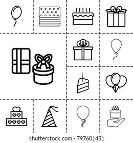 Birthday icons. set of 13 editable outline birthday icons such as balloon, cake, gift, present, party hat, piece of cake