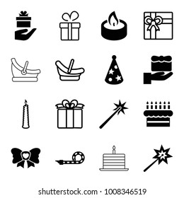 Birthday icons. set of 16 editable filled and outline birthday icons such as gift, sparklers, bow, party pipe, candle, party hat, baby basket, present, cake with one candle