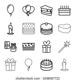 Birthday icons. set of 16 editable outline birthday icons such as present, cake, balloon, gift, candle, piece of cake, baloon, sparklers