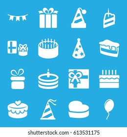 Birthday icons set. set of 16 birthday filled icons such as present, gift, cake, piece of cake, heart cake, heart lock, party hat, party flag