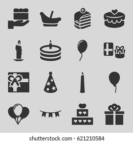 Birthday icons set. set of 16 birthday filled icons such as baloon, baby basket, gift, piece of cake, heart lock, party flag, cake, party hat, candle