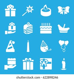 Birthday icons set. set of 16 birthday filled icons such as baby basket, gift, party emot, piece of cake, heart balloons, present, bow, cake, candle, gift on hand, sparklers