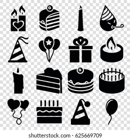 Birthday icons set. set of 16 birthday filled icons such as party emot, cake, piece of cake, heart balloons, candle heart, party hat, candle, gift