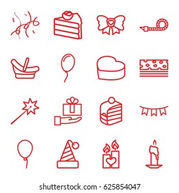 Birthday icons set. set of 16 birthday outline icons such as baby basket, piece of cake, heart cake, bow, candle heart, party flag, party pipe, confetti, balloon