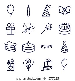 Birthday icons set. set of 16 birthday outline icons such as present, piece of cake, bow, candle heart, party hat, party flag, balloon, cake, confetti, candle, sparklers