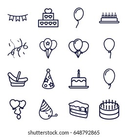 Birthday icons set. set of 16 birthday outline icons such as baloon, cake with one candle, baby basket, piece of cake, heart balloons, party flag, balloon, party hat, confetti