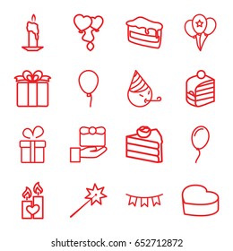 Birthday icons set. set of 16 birthday outline icons such as baloon, present, piece of cake, heart balloons, heart cake, candle heart, party flag, balloon, party emot, gift
