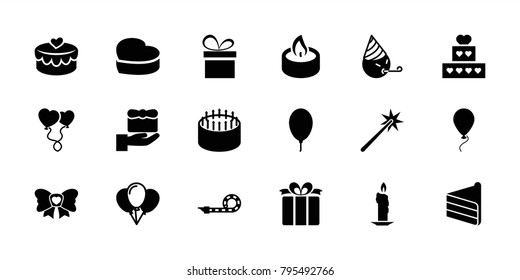 Birthday icons. set of 18 editable filled birthday icons: gift, party emot, cake, balloon, candle, heart balloons, heart cake, present, bow, heart lock, party pipe