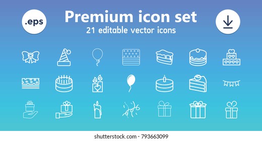 Birthday icons. set of 21 editable outline birthday icons includes balloon, present, cake, party hat, piece of cake, bow, candle heart, gift on hand, party flag, confetti
