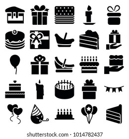 Birthday icons. set of 25 editable filled birthday icons such as baloon, baby basket, present, gift, party emot, cake, party flag, balloon, candle, piece of cake