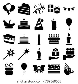 Birthday icons. set of 25 editable filled birthday icons such as baloon, baby basket, present, gift, sparklers, party hat, balloon, candle, cake, piece of cake, bow