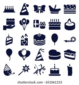 Birthday icons set. set of 25 birthday filled icons such as baloon, cake with one candle, baby basket, party emot, piece of cake, bow, candle heart, party hat, balloon