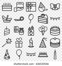 Birthday icons set. set of 25 birthday outline icons such as baloon, baby basket, present, gift, cake, bow, candle heart, party hat, party flag, piece of cake, balloon, candle