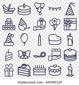 Birthday icons set. set of 25 birthday outline icons such as baby basket, present, gift, cake, heart balloons, heart cake, bow, heart lock, party hat, party flag, balloon