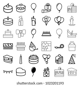 Iconos de cumpleaños. juego de 36 íconos editables de cumpleaños como globo, globo, papelón, emot de fiesta, pastel, trozo de pastel, globos de corazón, torta de corazón, regalo a mano, sombrero de fiesta, vela