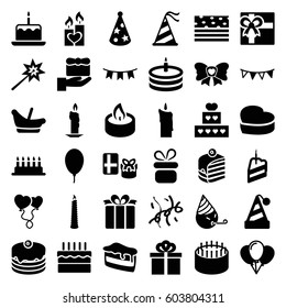 Birthday icons set. set of 36 birthday filled icons such as cake with one candle, baby basket, present, gift, party emot, cake, heart balloons, bow, candle heart, party hat