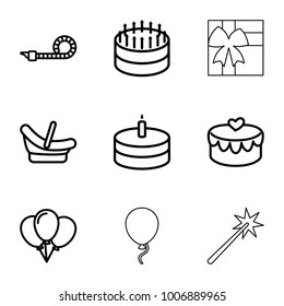 Birthday icons. set of 9 editable outline birthday icons such as baby basket, cake, balloon, heart lock, party pipe, baloon, gift