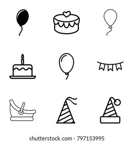 Birthday icons. set of 9 editable outline birthday icons such as balloon, cake with one candle, party hat, heart lock, party flag