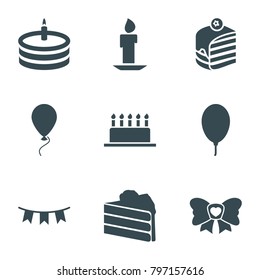 Birthday icons. set of 9 editable filled birthday icons such as cake, piece of cake, bow, party flag, balloon