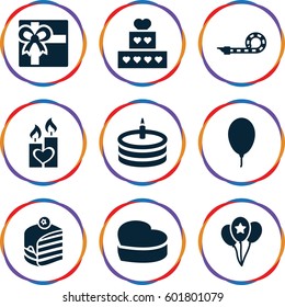 birthday icons set. Set of 9 birthday filled icons such as gift, piece of cake, heart cake, candle heart, balloon, party pipe