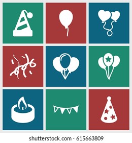Birthday icons set. set of 9 birthday filled icons such as baloon, heart balloons, party flag, candle, party hat, confetti