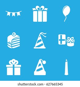 Birthday icons set. set of 9 birthday filled icons such as piece of cake, present, party hat, party flag, gift, candle