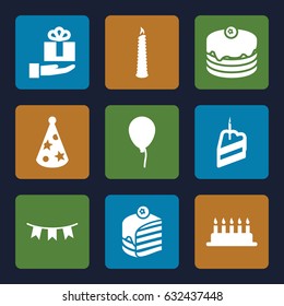 Birthday icons set. set of 9 birthday filled icons such as baloon, cake, piece of cake, party flag, party hat, candle