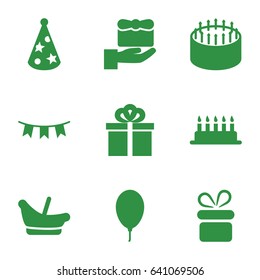Birthday icons set. set of 9 birthday filled icons such as baby basket, present, cake, party flag, balloon, gift
