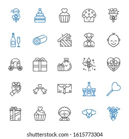birthday icons set. Collection of birthday with bouquet, balloons, clown, cupcake, gifts, lollipop, champagne, gift, love birds, fireworks. Editable and scalable birthday icons.