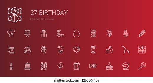 birthday icons set. Collection of birthday with champagne, gifts, gift, balloons, sweet, cake slice, bouquet, muffin, candy, lollipop, clown. Editable and scalable birthday icons.