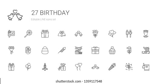 birthday icons set. Collection of birthday with confetti, love birds, ballons, gifts, candle, balloons, gift, cupcake, fireworks, candy. Editable and scalable birthday icons.