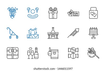 birthday icons set. Collection of birthday with gift, sweet, candy, champagne, cake, fireworks, gifts, stroller, wedding gift, voucher, clown. Editable and scalable birthday icons.