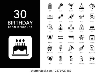 Birthday icons set, birthday icon, calibration, event, gift, surprise, online wish, wish, vector stock illustration.