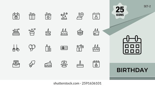 Birthday icons set in linear style. Contains related to fire, ball, cake, isolated, invitation, balloon, blowing, food. Expanded stroke. Minimal icon pack.