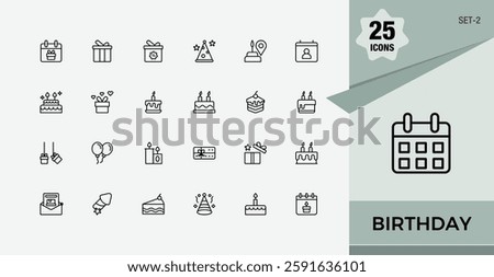 Birthday icons set in linear style. Contains related to fire, ball, cake, isolated, invitation, balloon, blowing, food. Expanded stroke. Minimal icon pack.