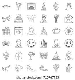 Birthday icons set. Outline style of 36 birthday vector icons for web isolated on white background