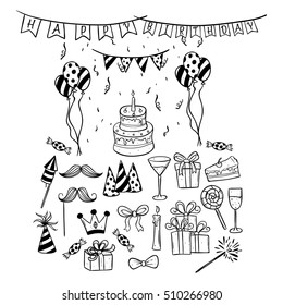birthday icons set using hand drawing or doodle art